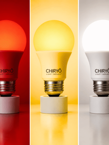 Healthy smart E27 bulb showing all three modes side by side, SLEEP Peaceful Red, RELAX Sunset Amber and TASK Full Spectrum, blue light free healthy lighting, CHIRYO Light Therapy