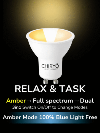Healthy smart GU10 bulb RELAX and TASK 3in1 showing Amber, Full Spectrum and Dual modes, Amber mode blue light free, CHIRYO Light Therapy