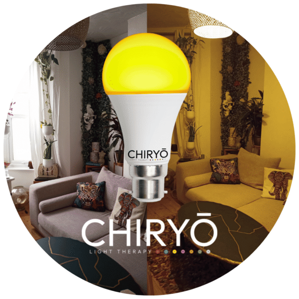 CHIRYO Home Page 10 relax sunset amber lighting switched on in living room, before and after split image shows natural daylight showing sofa cushions and wall art in one half and after sunset amber healthy lighting