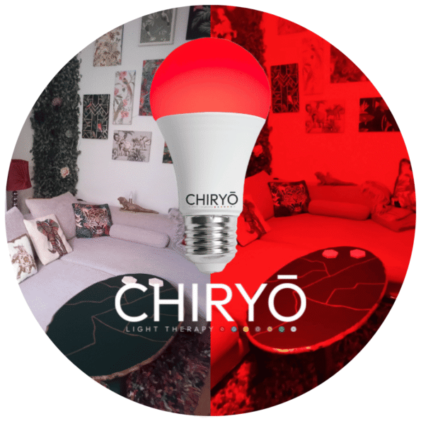 CHIRYO Home Page 11 sleep red lighting switched on in living room, before and after split image shows natural daylight showing sofa cushions and wall art in one half and after sunset amber healthy lighting