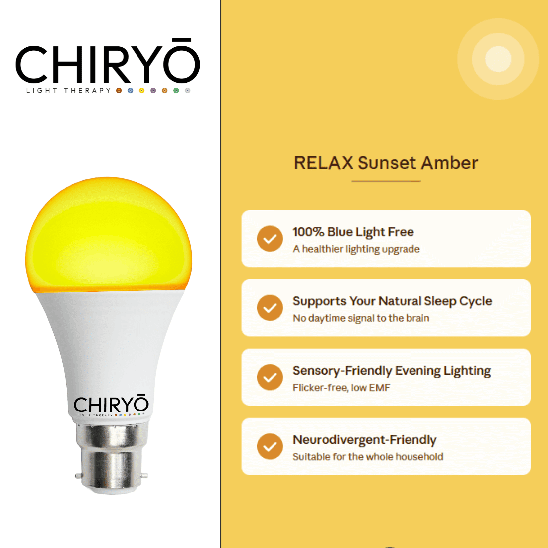 relax sunset amber light bulb B22 switched on in living room, before and after split image shows natural daylight showing sofa cushions and wall art in one half and after sunset amber light bulb on B22 healthy lighting blue light free light bulbs CHIRYO LIGHT THERAPY