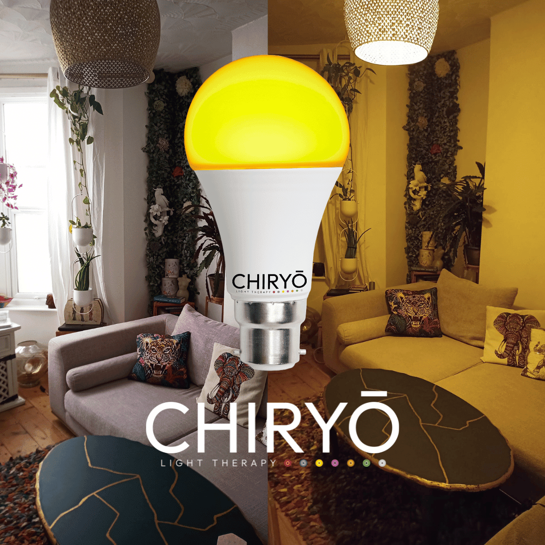 relax sunset amber light bulb B22 switched on in living room, before and after split image shows natural daylight showing sofa cushions and wall art in one half and after sunset amber light bulb on B22 healthy lighting blue light free light bulbs CHIRYO LIGHT THERAPY
