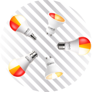 3in1 bulbs CHIRYŌ three-in-one healthy lighting bulbs showing sleep red amber and task full spectrum modes in E27 B22 E14 and GU10 fittings