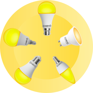 RELAX Sunset Amber bulbs CHIRYŌ RELAX Sunset Amber 100 blue light free light bulbs in E27 B22 E14 and GU10 fittings on amber circle background