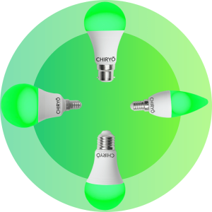 520nm Green light bulbs CHIRYŌ CALM Green 520nm headache and migraine relief light bulbs in E27 B22 E14 fittings on green circle background