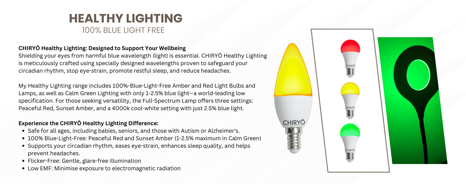 CHIRYO Light Therapy Calm Green 520nm, Sunset Amber 600nm, and Peaceful Red 630nm Healthy Lighting bulbs and gooseneck touch dimming lamps