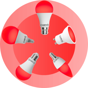 SLEEP Red bulbs CHIRYŌ SLEEP Peaceful Red blue light free light bulbs in E27 B22 E14 and GU10 fittings on red circle background